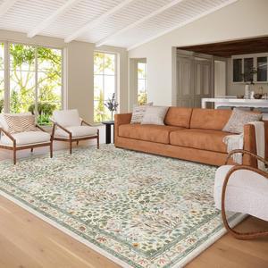 세탁 가능한 공간 러그 8x10 식탁 아래의 식탁용 빈티지 플로럴 거실 러그 침실 얼룩 방지 부드러운 로우 파일 미끄럼 방지 대형 카펫