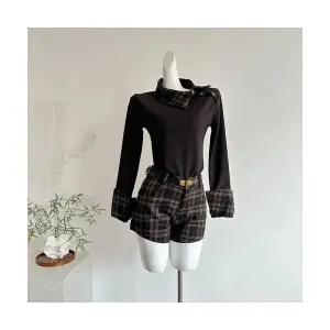 여자 가을 니트 스웨터 체크 긴팔 모던 트렌치코트 가짜 투피스 BE3