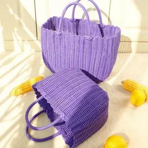 패션 튼튼 비치 레인보우 시장가방 바캉스 여름 일상 그린가방 플라스틱 핸드백 바구니 다용도 피크닉