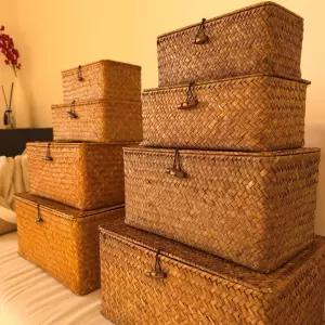 (색상:짙은갈색 | 사이즈:XL(36cmx24cmx18cm))라탄 수납바구니 사각 정리함 뚜껑 덮개 보관함 XL 왕골 소품