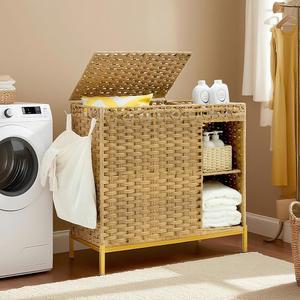 뚜껑이 있는 지텔스너 세탁 바구니, 3단 보관 선반이 110L 라탄 바구니 2 섹션(50L), 탈부착 가능한 라이너 백과 손잡이가 위커 직조 분류 내추럴 GLH002N