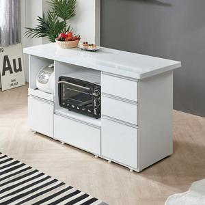 미시바 프리미엄 아일랜드식탁, 바디 하이그로시, 상판 인조대리석, 홈바, 광파 오븐렌지, 전기밥솥 수납.