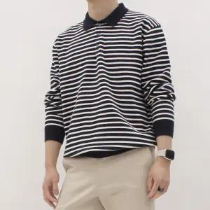 코어벨류 레귤러핏 남자 데일리룩 베이직 네이비 스트라이프 카라 니트 스웨터
