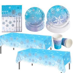 겨울 눈송이 냉동 일회용 식기 눈 테마 종이 접시 냅킨 식탁보 웨딩 소녀 생일 파티 장식