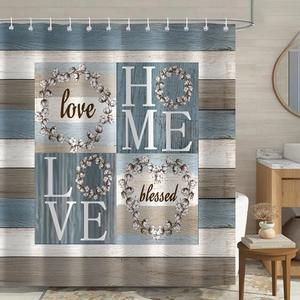 러스틱 플로럴 플라워 스위트 러브 홈 패브릭 샤워 커튼, 농가 컨트리 빈티지 우드 플랭크 코튼 욕실 장식용, 방수 폴리에스터 내구성 12 후크, 72x72