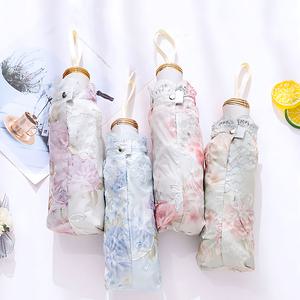 3단 접이식 양산 장미 자수 레이스 자외선차단 여름 햇빛 차단 UV 꽃무늬