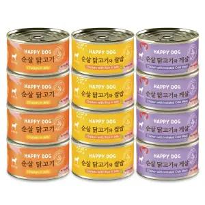 해피도그 강아지간식 애견캔 3종 혼합세트 12캔 (닭고기/게살/쌀밥)