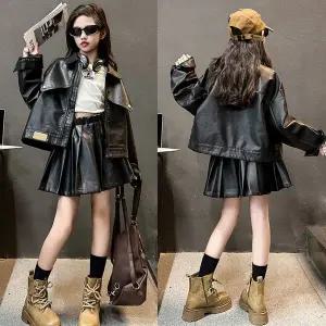 [삐삐네옷가게]초등학생 여아용 블랙 레더 자켓 치마 상하세트