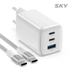 [케이블 증정] 스카이 필 GaN 65W PD PPS 4세대 멀티 3포트 초고속 충전기+CtoC 케이블 GaN65X