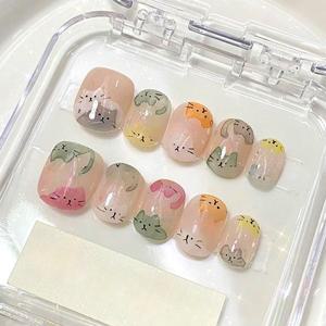 10개입 낙서 고양이 네일팁 짧은 팁 프레스온 숏 소프트 젤 인조손톱 반 수제네일 y2k