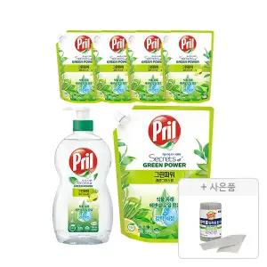 프릴 주방세제 그린파워 레몬그라스 용기, 700ml, 1개 + 리필, 1L, 5개  + 증정 (버블버블 일회용 롤 수세미 28장(롤형),1개)