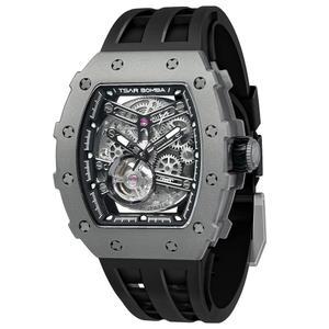 남성용 차르 봄바 시계, 5천만 방수 자동 실리콘 시계 밴드가 있는 스켈레톤 기계식 토나우 빅 페이스 다이얼 블랙 선물