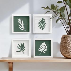 3D 그린 식물성 벽 아트(프레임 세트 4개) 가볍고 바로 걸 수 있는 잎 장식 욕실 침실 거실 또는 사무실을 위한 나무 미니멀리스트 보호 아트 농가 식물 아트워크 선물 상자