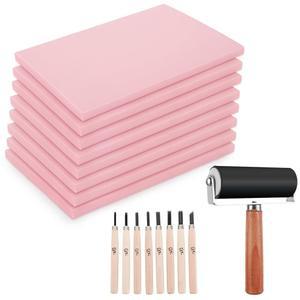 판화 제작을 위한 FVIEXE 8PCS 4x6 인치 리놀륨 조각 블록, 목재 도구와 고무 브레이어 롤러가 포함된 리노컷 블록 스탬프 제작 키트, DIY 공예를 부드러운 키트