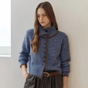 [MAXZA] 하이넥 카라 스트라이프 니트 가디건