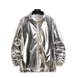 실버 남성용 긴 소매 재킷, 라운드 넥 지퍼 컨트롤 코트, 캐주얼 탑에 적합, 무대 공연에 적합