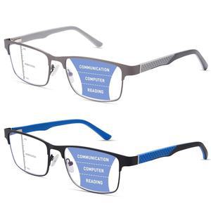ZERPEET 2팩 남성용 프로그레시브 다초점 독서 안경, 금속 프레임과 스프링 힌지 실리콘 템플 블루 라이트 차단 렌즈 컴퓨터 리더 안티 아이스트레인, 2.0배