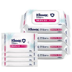 크리넥스 안심물티슈 손 소독 항균 물티슈 캡형 60매x4+20매x4 휴대