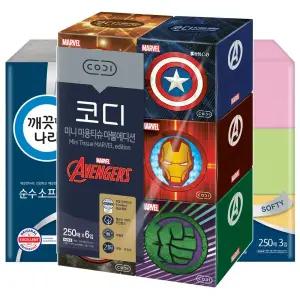 코디 미용티슈 모음 250매 6팩 3팩 부드러운 무형광 천연펄프 갑티슈