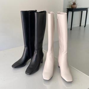 GR_3034 천연 소가죽 스퀘어 미들힐 슬림 라인 롱부츠 (6cm)/여성 가죽 부츠 가을 겨울 통굽 미들굽