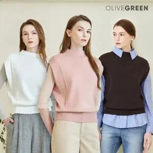 올리브그린 모크넥 커버 니트 베스트 3종