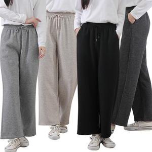 여성 융털 기모 면스판 와이드 팬츠 통바지 밴딩 겨울 캐주얼 편한 고무바지 데일리 집앞룩 신축성 꾸안꾸 허리고무 츄리닝 통큰 와이드핏