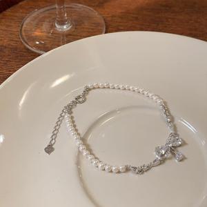 진주팔찌 여성스러운 은색체인 리본큐빅