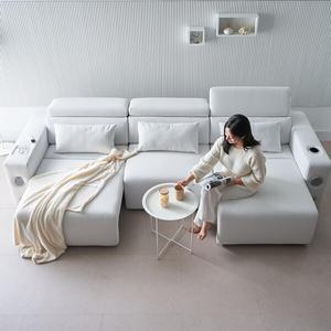 알렉스 전동 슬라이딩 확장형 4인용소파 아쿠아스웨이드 (멀티기능 USB포트 스피커 무선충전) E0등급자재