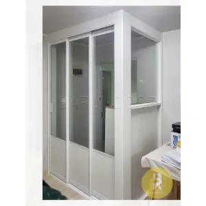 [바른도어]14번 ㄱ자중문 파티션 초슬림3연동 화이트 투명강화유리