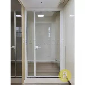 [바른도어]02번 90도 초슬림비대칭여닫이중문 유리분할 화이트 투명+모루세로강화유리