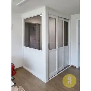 [바른도어]27번 ㄱ자중문 파티션 슬림3연동 화이트 브론즈강화유리a