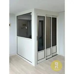 [바른도어]18번 ㄱ자중문 파티션 슬림3연동 밀크화이트 브론즈강화유리