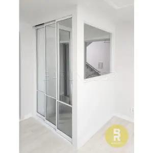 [바른도어]42번 ㄱ자중문 파티션 초슬림3연동 화이트 투명+모루세로강화유리