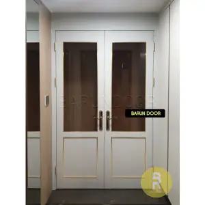 [바른도어]22번 90도 목문정대칭여닫이중문 고시형 연그레이 투명망입(부식)강화유리(손잡이별도)