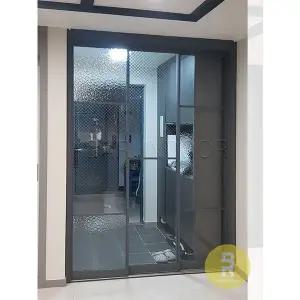 [바른도어]68번 초슬림3연동중문 유리분할형 진그레이 투명+아쿠아+투명망입(부식)강화유리a