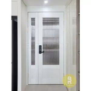 [바른도어]21번 90도 목문비대칭여닫이중문 고시형 펄화이트 모루세로강화유리(손잡이별도)