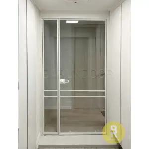 [바른도어]26번 90도 초슬림비대칭여닫이중문 띠분할형 화이트 투명강화유리(기타손잡이호환불가)