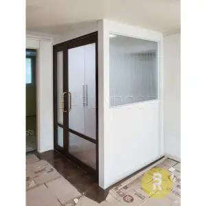 [바른도어]54번 ㄱ자중문 파티션 비대칭양개스윙 우드 투명+모루세로강화유리