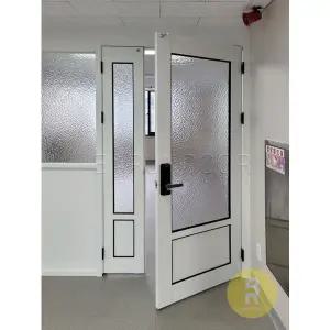 [바른도어]48번 90도 목문비대칭여닫이중문 고시형 유백 아쿠아강화유리(손잡이별도)