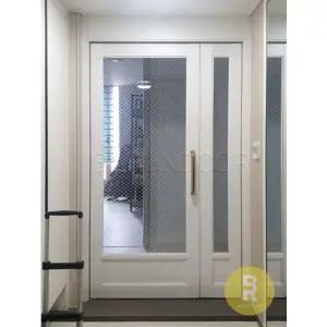 [바른도어]16번 비대칭양개스윙중문 고시형 펄화이트 투명망입(부식)강화유리