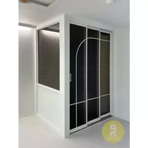 [바른도어]74번 ㄱ자중문 파티션 초슬림3연동 곡선형 화이트 샤틴브론즈+미러강화유리
