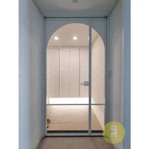 [바른도어]51번 90도 초슬림비대칭여닫이중문 아치형 화이트 투명강화유리