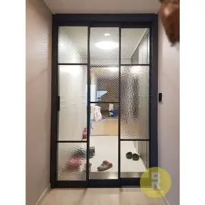 [바른도어]15번 초슬림3연동중문 유리분할형 블랙 투명망입(부식)+아쿠아강화유리a