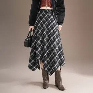 여성 데일리 가을 A라인 스커트 체크 빈티지 언밸런스 볼륨 힛템