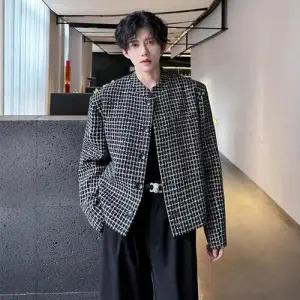 남성 멋쟁이 정장 자켓 패턴 코트 하운드투스 체크 숏 스탠드 칼라 패드 재킷 힛템