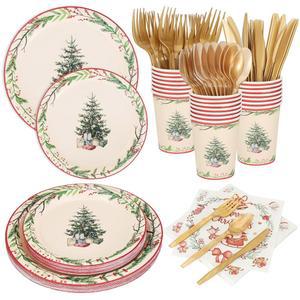 140개 크리스마스 트리 접시 및 냅킨 파티 용품 키트 20개 일회용 식기 포함: 메리 장식용 종이 디너 디저트 종이컵 커틀러