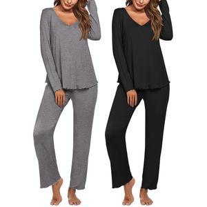 에쿠아르 여성 2팩 파자마 세트 긴팔 상의와 바지 V넥 PJS 소프트 슬립웨어 라운지웨어
