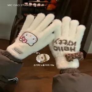 헬로키티 여성용 니트 울 터치 장갑 겨울 플러스 벨벳 두꺼운 야외 사이클링 학생 방한