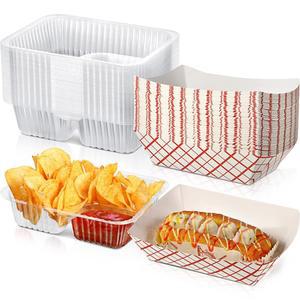 예를리커 100개 일회용 트레이 세트 50 플라스틱 나초 & 50 3파운드 종이 음식 트레이 카니발, 영화관, 매점 용품 및 스낵용 팝콘 칩 홀더(스트라이프 스타일)