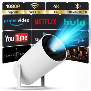 업그레이드된 프로젝터와 WiFi 6 및 Bluetooth 미니 휴대용 스마트 비디오 극장 4K HD 1080P 야외 스크린 영화 홈 TV 안드로이드 모니터 PC 게임 180 회전 가능 노트북 태블릿 컴퓨터와 호환됨